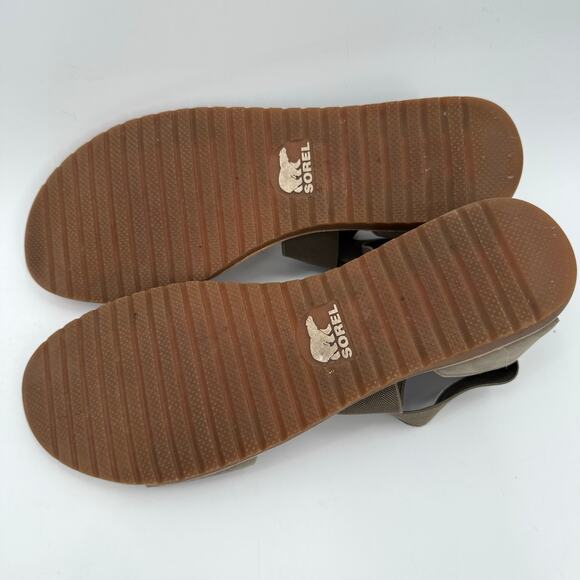 Sorel Ella II Sandals SZ 12 Leather Taupe Gray Summer Stretch Ankle Criss Cross - Picture 10 of 14